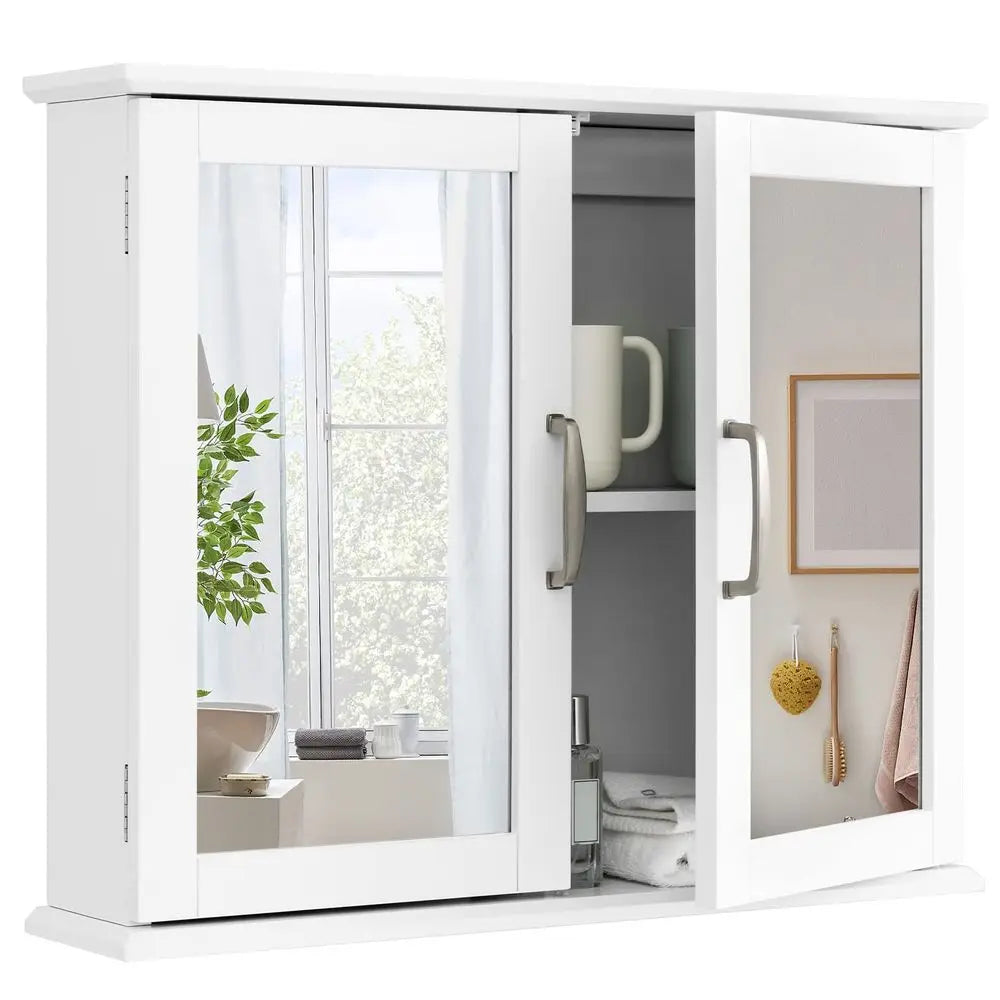 Bathroom Wall Cabinet, Double Door Mirrored Storage Cupboard with Inner Shelf, SpaceSaving Medicine Cabinet Organizer for Kitch