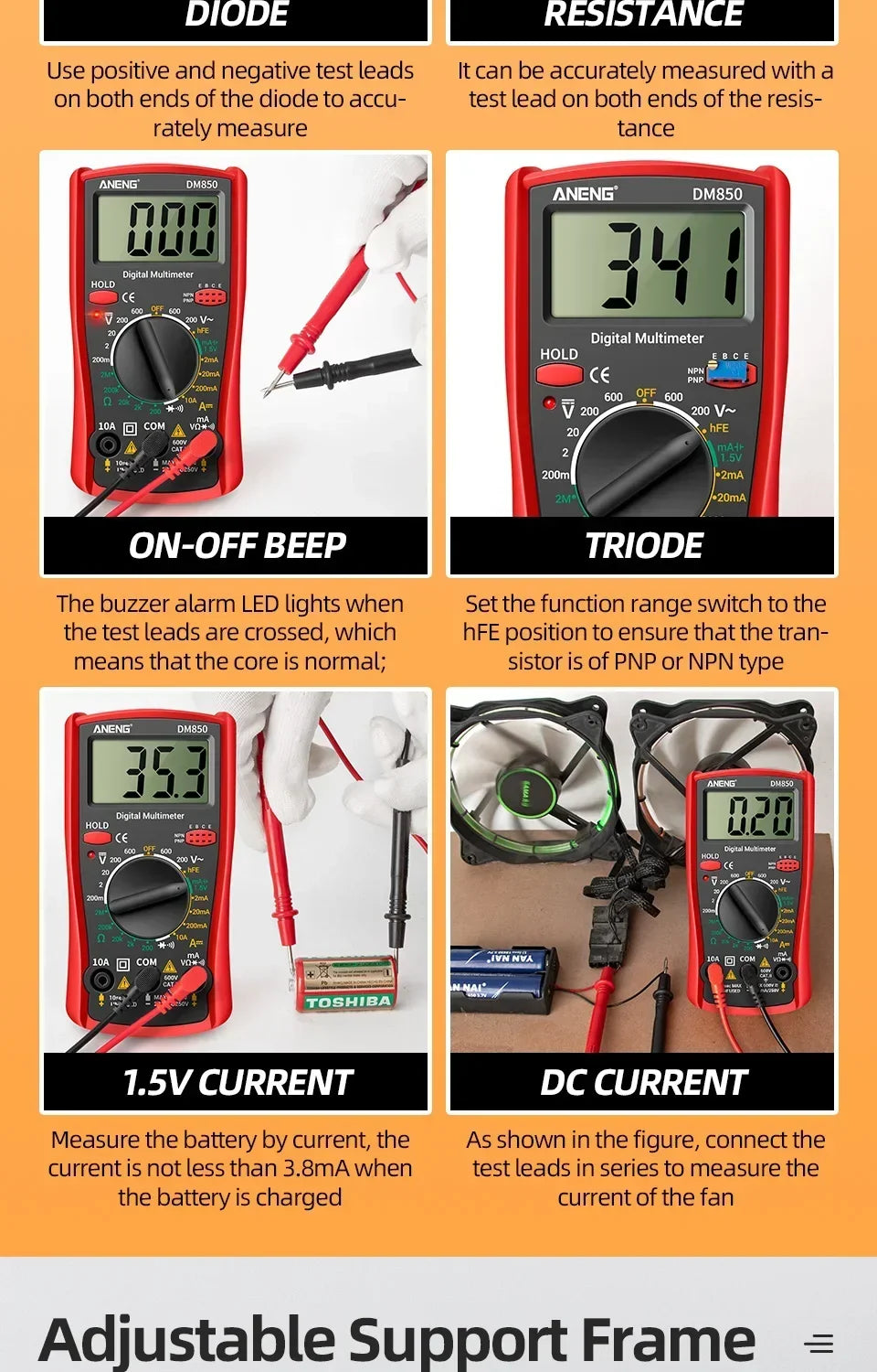 Smart Digital Multimeter Automatic 1999 Count AC/DC Current Voltage Handheld ANENG DM850 Buzzer Resistance Diode Electrician Tes