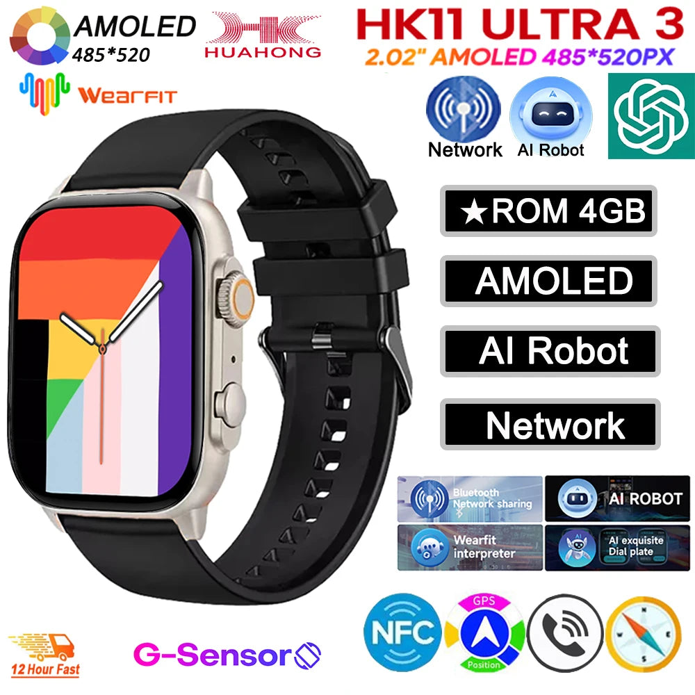Upgrade Hk11 Ultra 3 Gen2 SmartWatch 4GB ROM AI ROBOT AMOLED Network 49mm G-Sensor ChatGPT NFC Compass GPS 3D Menu Music Watch