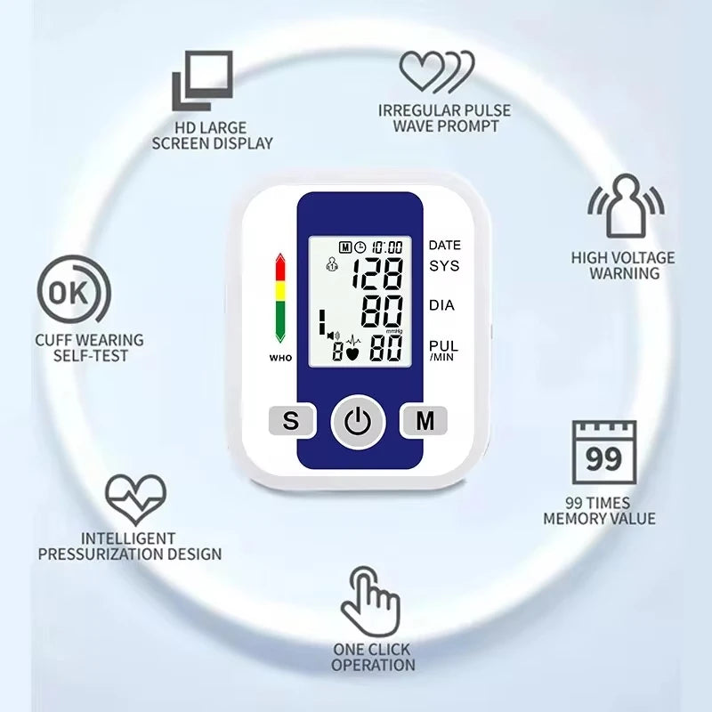 LCD Portable Health Care Pulse Meter BP Monitor Automatic Digital Arm Blood Pressure Monitor Tonometer Meter Sphygmomanometer