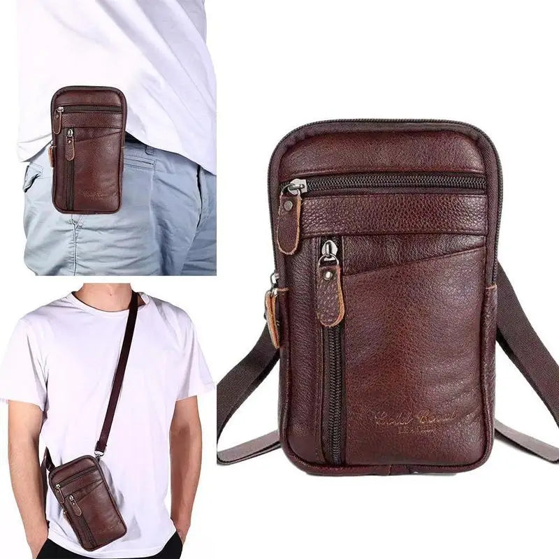 Leather Waist Bag Men's Mobile Phone Bag Wearing Belt Outdoor Sport One Shoulder Small Bag Doing Business Crossbody Bags