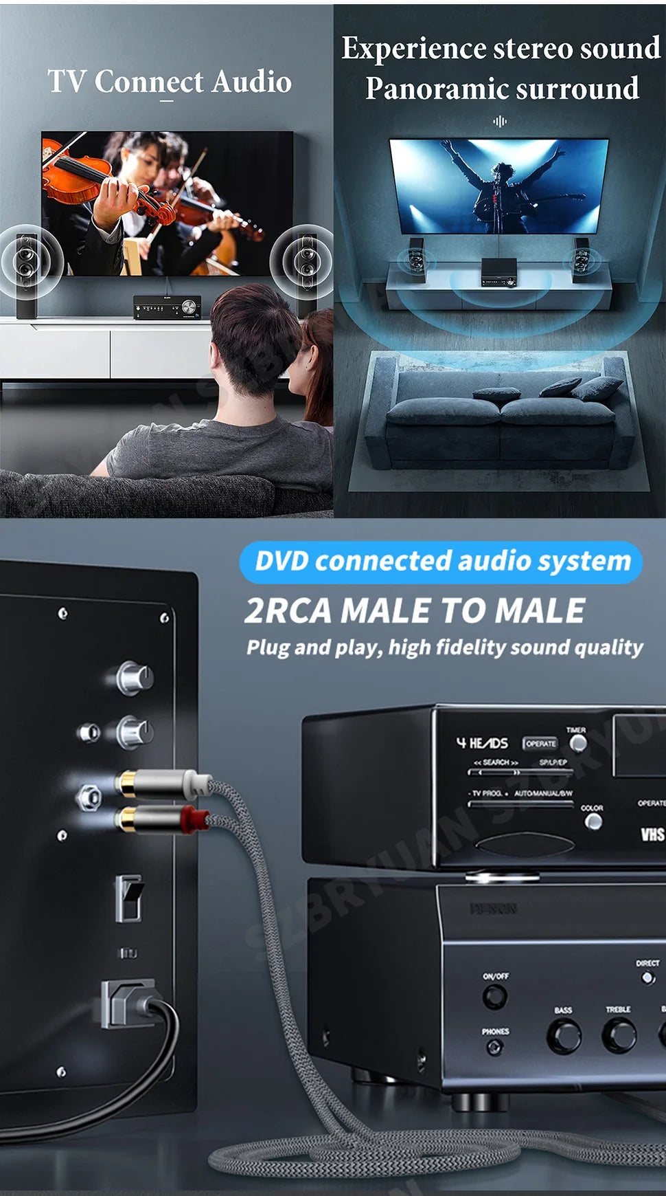 RCA Cable 2 RCA to 2 RCA Male to Male Stereo Audio Aux Cable Jack for HDTV Home Theater DVD Loudspeaker Box Power Amplifier 5m