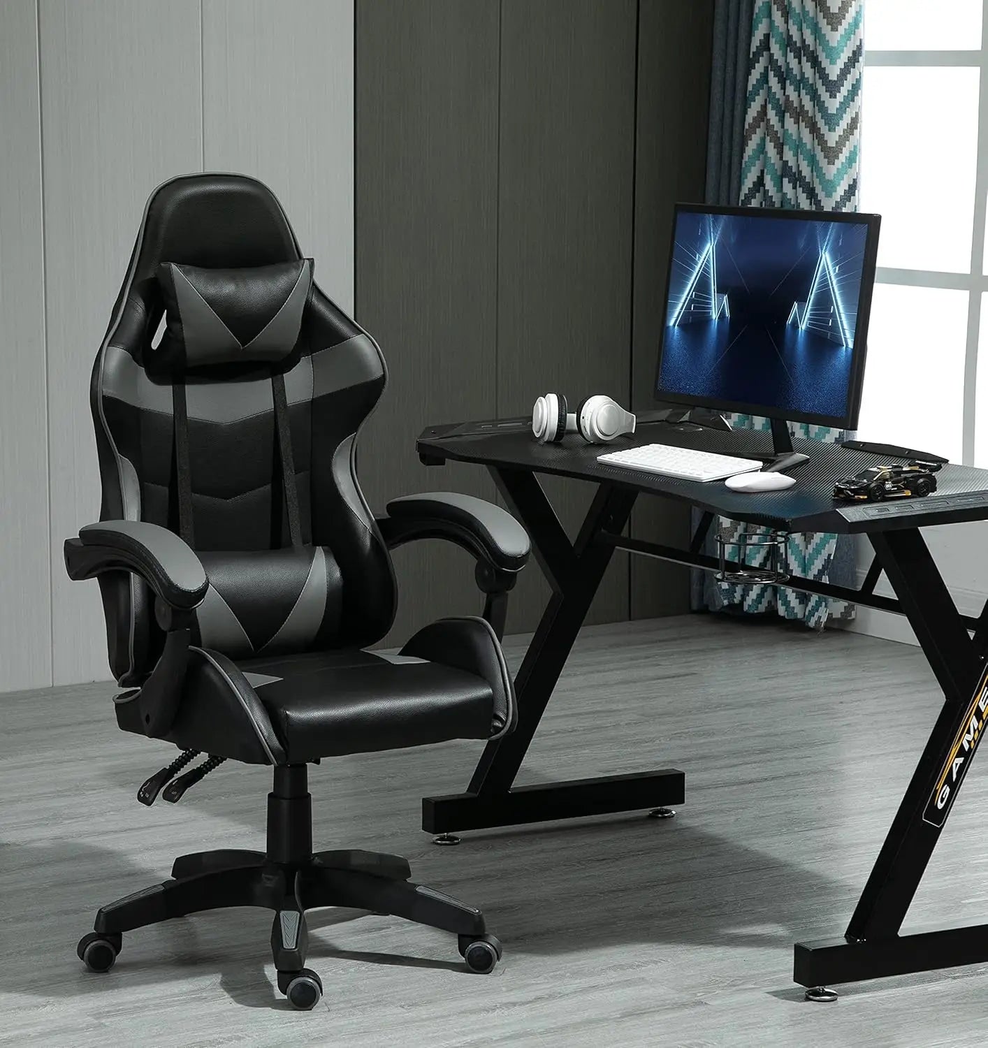 mcc direct Swivel Faux Leather Office Chair Racing Sports Gaming Tilt Computer Desk Chair with Headrest & Lumbar Cushion A