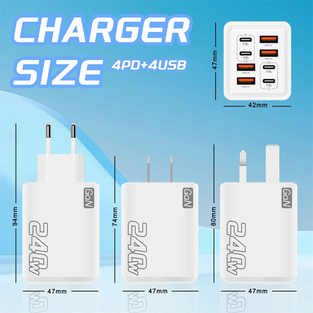 240W 8 in 1 USB C GaN Charger Fast Charging Phone Charger Power Adapter For iPhone Samsung Xiaomi EU/US/UK Plug Travel Charger