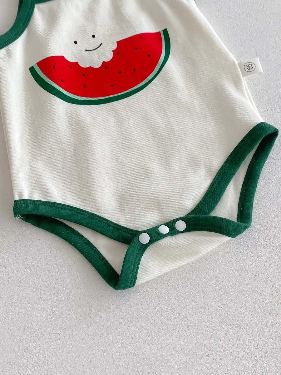 Summer baby cute watermelon style jumpsuit, male and female baby sling thin comfortable jumpsuit hat, suitable for going out