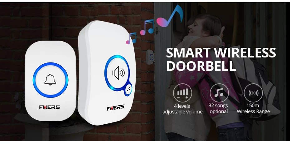 Fuers Wireless Doorbell Waterproof Door Chime Kit Welcome Chime Home Door Bell Intelligent 32 Songs Melodies Sound And LED