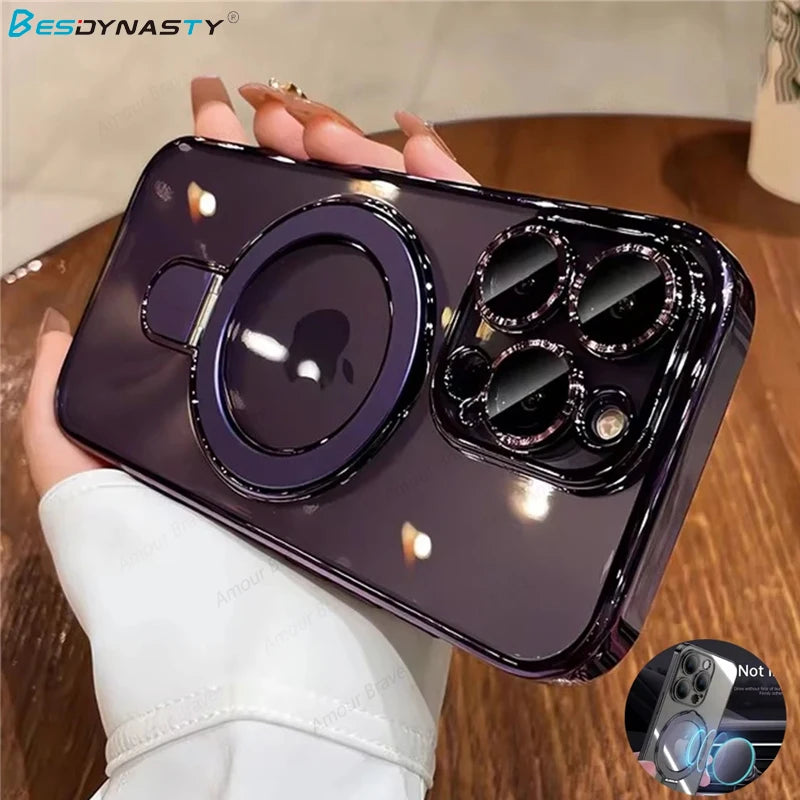 Luxury For Magsafe Bracket Case For iPhone 17 Air 16 Pro 15 14 13 12 11 Pro Max Magnetic Ring Stand Holder Clear Soft Cover