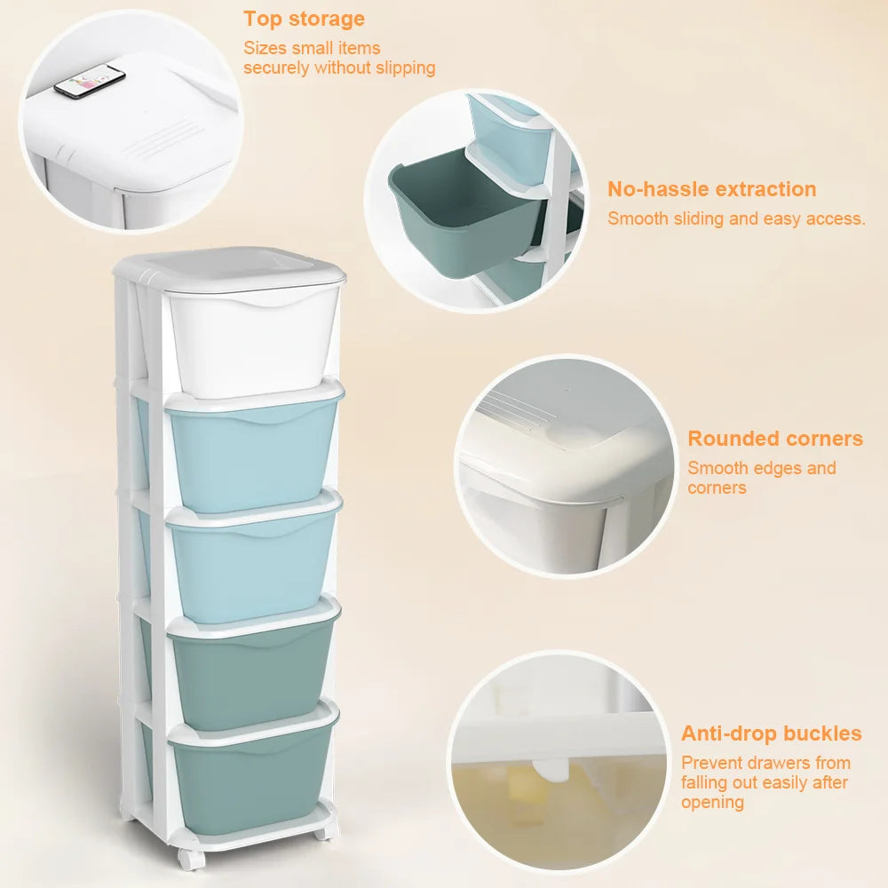 6/5 Tier Drawer Storage Cabinet Stackable Dustproof Storage Organizer with Wheels Floor-standing Storage Box Office Supplies