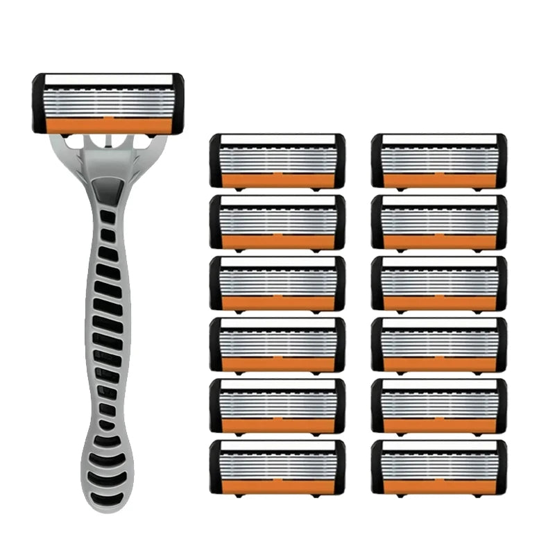 Men's manual razor safety razor 6-layer stainless steel hair removal knife, replaceable razor head, razor tools.