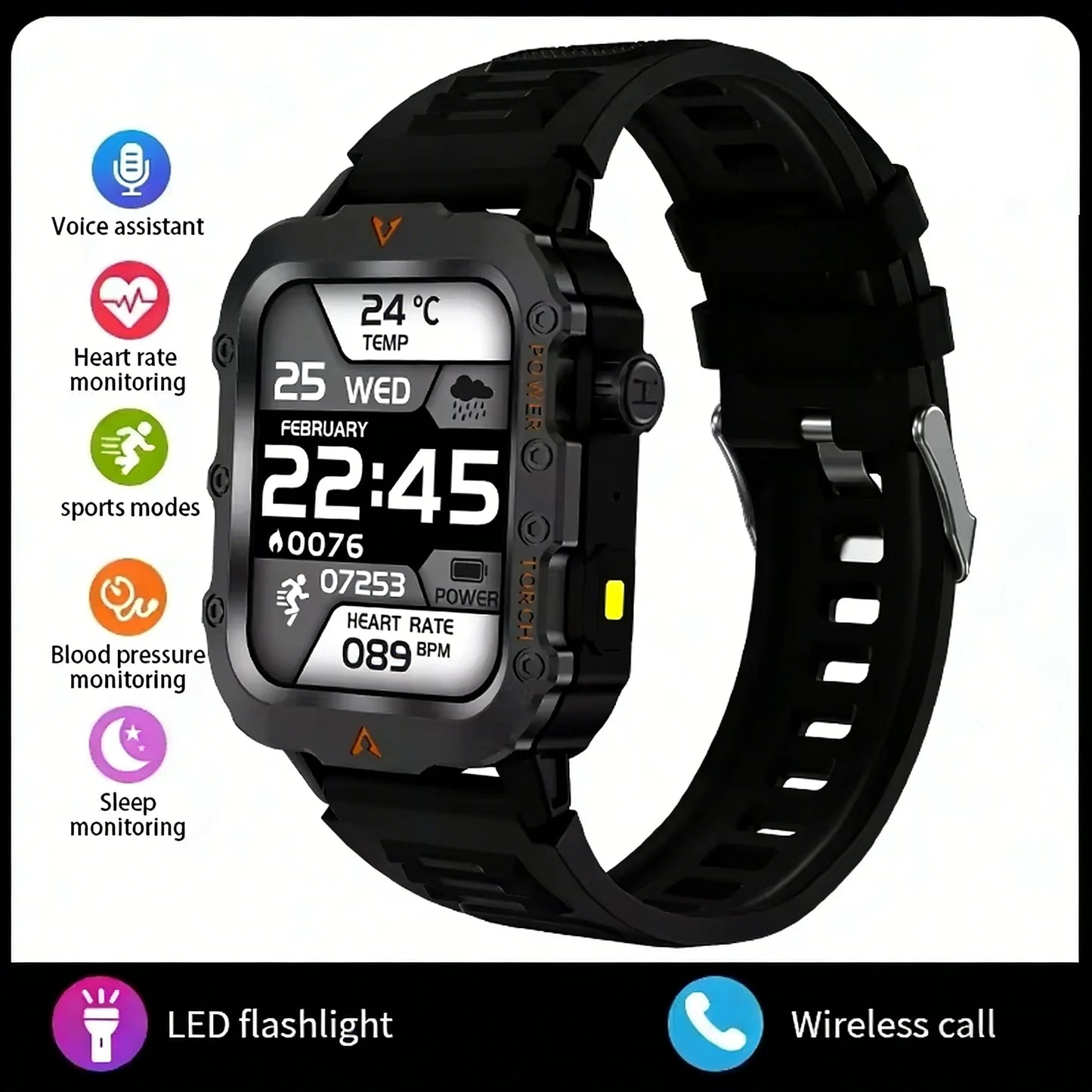 LAXASFIT 2026 New Men's Smart Watch Outdoor Sports Watch 1.85 Inch Voice Assistant Bluetooth Call LED Flashlight Smartwatch