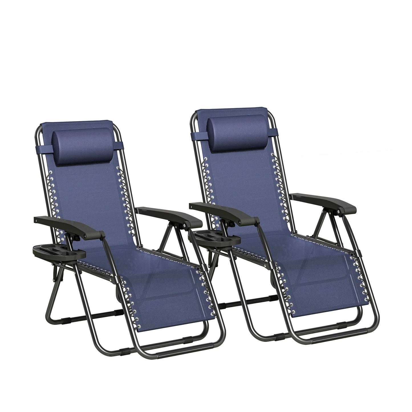Zero Gravity Reclining Chair Set of 2 – Folding Outdoor & Garden Chairs with Textilene Fabric, Cup Holder and Headrest Pillow