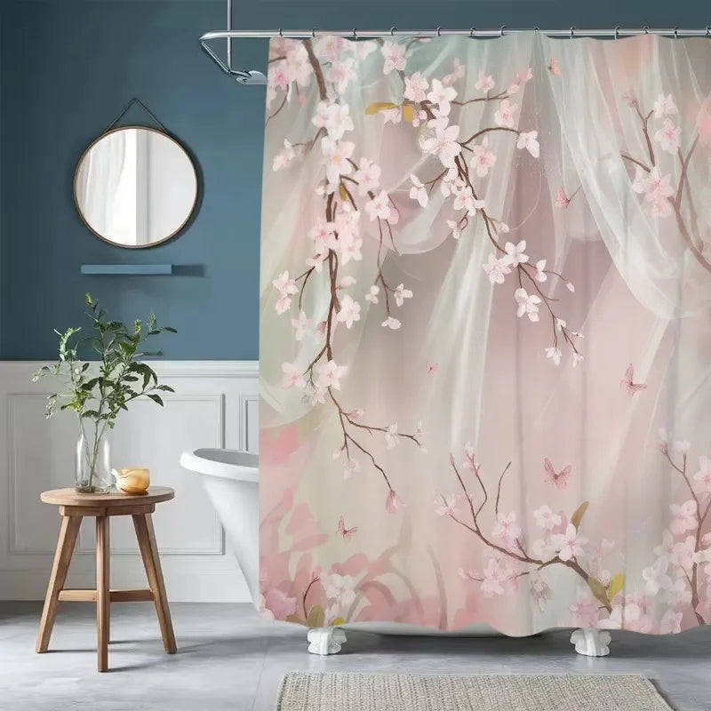 1pc Cherry Blossom and Butterfly Polyester Shower Curtain - Floral Print Bathroom Decor with Hooks, Machine Washable