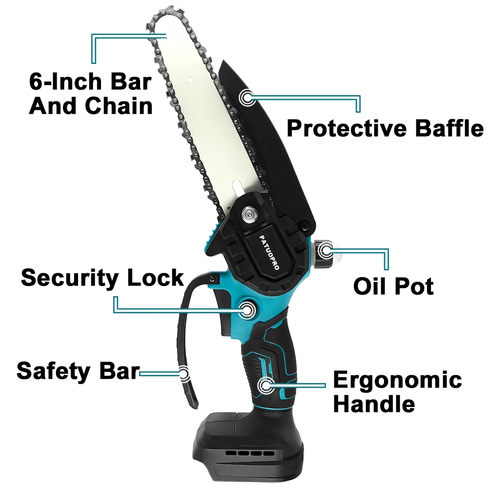 PATUOPRO 6 Inch Electric Saw Brushless Cordless Chainsaw Handheld Woodworking Garden Tools For Makita 18V Battery(No Battery)