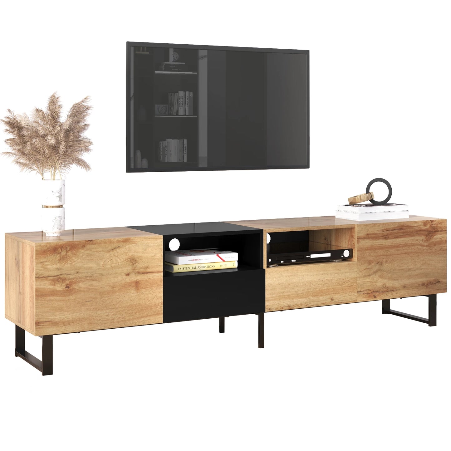 PINGGO Modern Minimalist TV Cabinet Large Capacity Storage Cabinet With Doors And Drawers Wood Grain Design TV Media Console