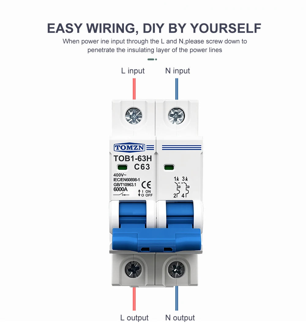 TOMZN 2P AC MCB TOB1-63 C Type 230/400V~ 50Hz/60Hz Mini Circuit Breaker 6A 10A 16A 20A 25A 32A 40A 50A 63A