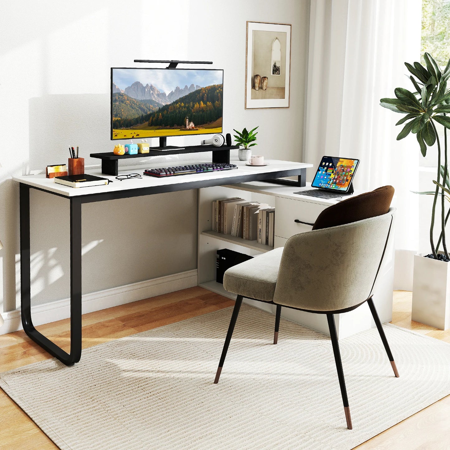 GOFLAME L Shaped Computer Desk Corner Executive Desk w/3 Drawers-White