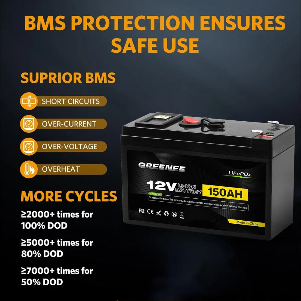 12V 150Ah Lithium LiFePO4 Deep Cycle Battery, 4000+ Cycles Rechargeable Battery, Lithium Iron Phosphate for Solar/Wind Power