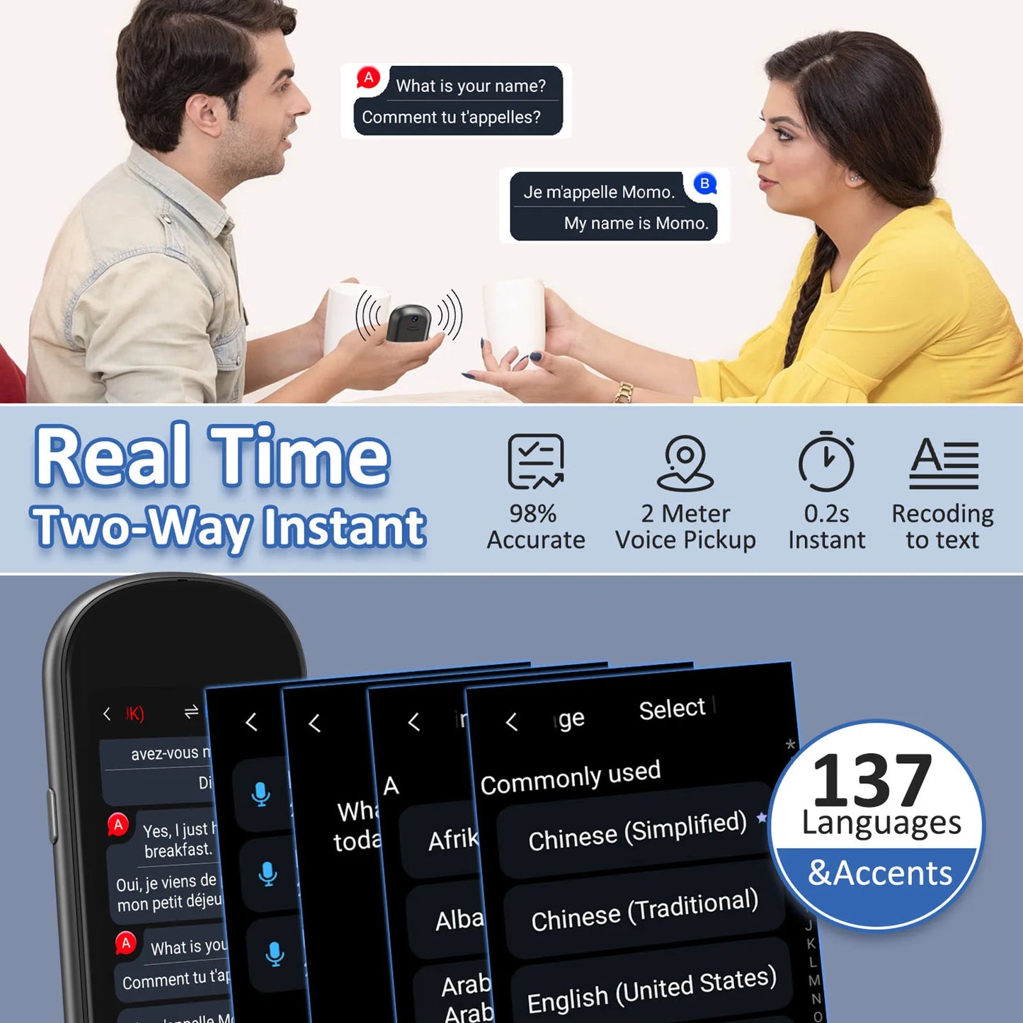 Z2 Instant AI Voice Translator Portable 3.1 inch Touch Screen Real Time Translator with Recording Photo for Travel Learn Meeting
