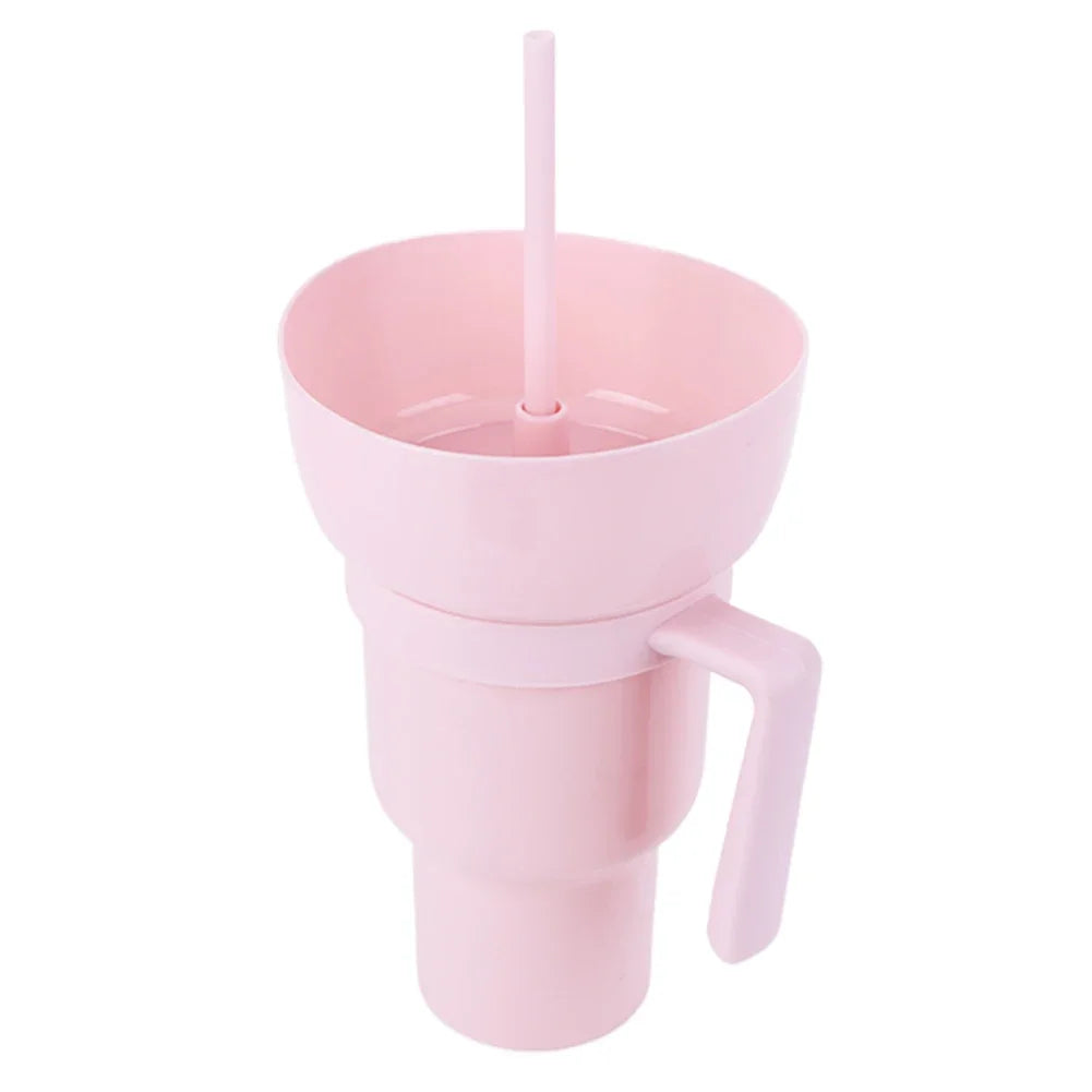 1000ml Portable Snack Container Multifunction Stadium Tumbler Popcorn Beverage Cup with Straw & Handle for Cinema Home Travel