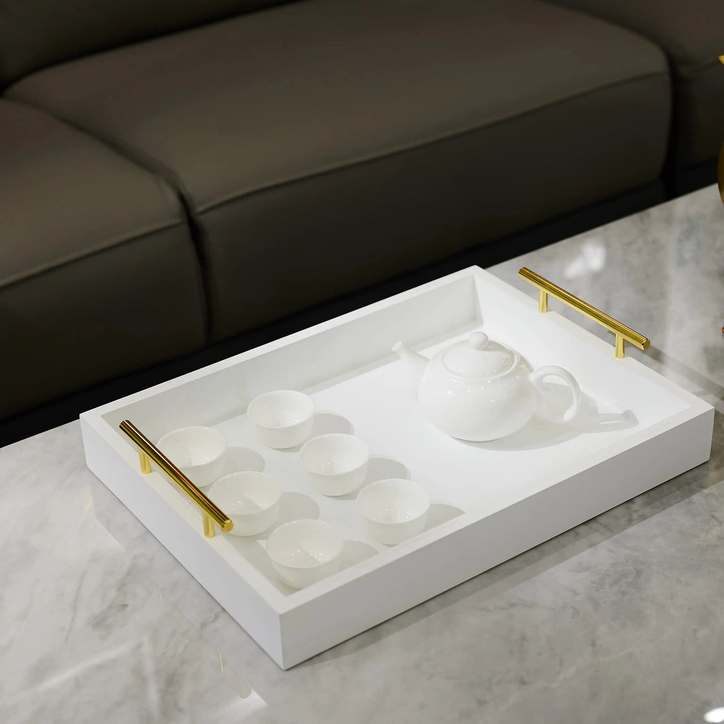 Large Serving Tray with Handles, Decorative Wooden Tray for Coffee Table, White Rustic Tray for Living Room, Bathroom & Outdoor