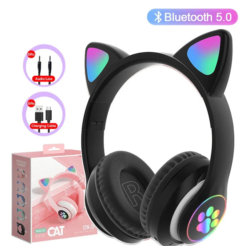Bluetooth 5.0 Stereo With Mic Flash Lamp Cute Cat Ears Headphone Support TF Card Wireless Kids Girl Earphone Birthday Gift