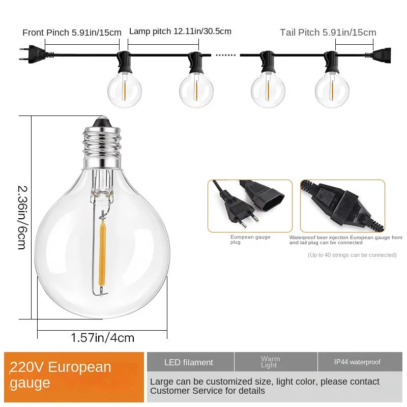 5-25PCS Vintage G40 Led String Light Replacement Bulb 1W 3V 120V 220V Plastic Shatterproof Globe Ball Lamp E12 Base 2700K Edison