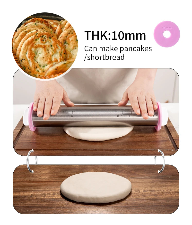 13.78 Inch Stainless Steel Adjustable Rolling Pin with 4 Thickness Removable Rings Dough Roller for Pizza Cookie Baking Tools