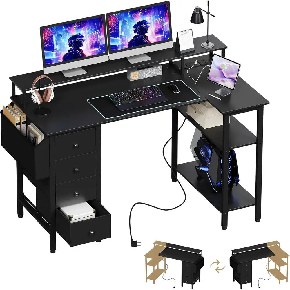 120x70cm L-Shaped Computer Desk with Power Outlets, Monitor Stand and Reversible Shelves, Black