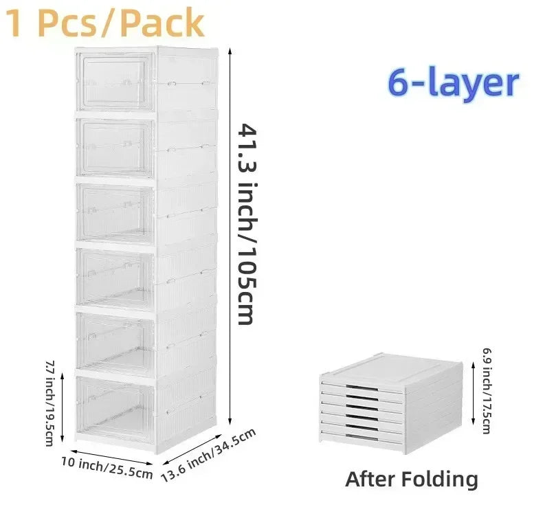 6 Layers Foldable Transparent Shoe Box Stackable Dustproof High Top Sneaker Storage Organizer for Home Closet