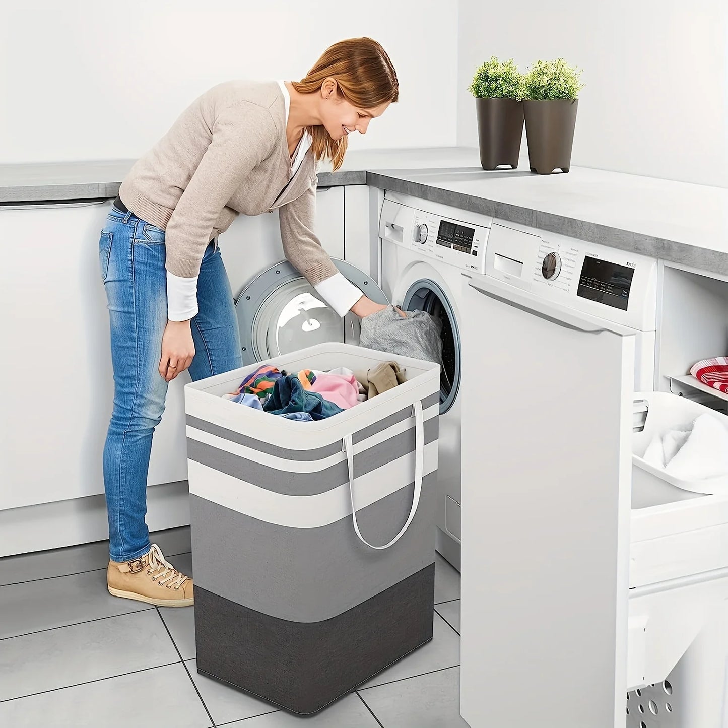 Extra Large Waterproof Laundry Hamper with Extended Handle - Foldable, Freestanding Clothes and Toys Organizer, Laundry Hamper