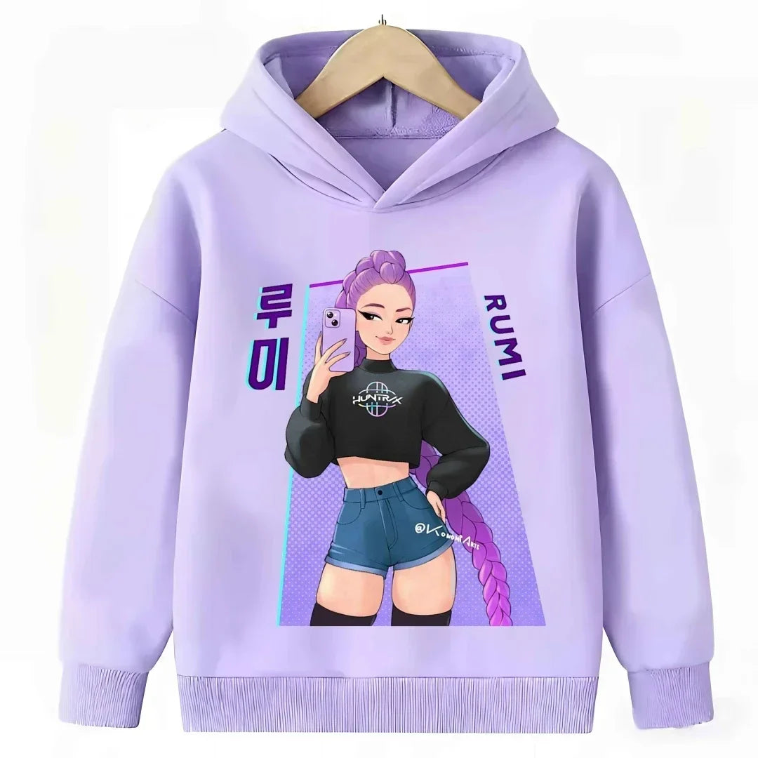 2026 New Kpop Demon Hunter Cartoon Hoodie Kids Boys Girls Purple Warm Casual Loose Sweatshirt Children Fashion Streetwear Tops