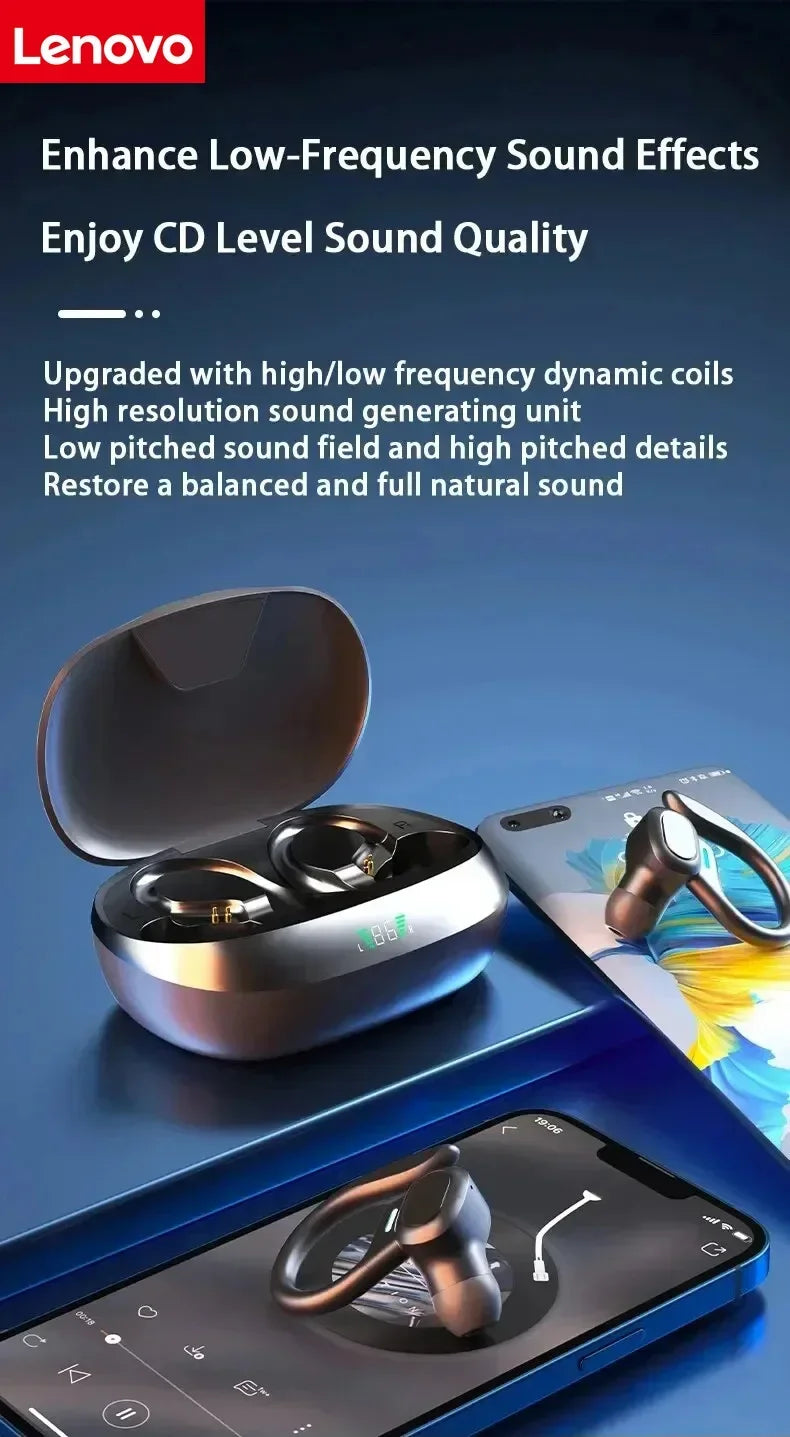 Lenovo Original Sports Wireless Earphones Ear Hanging Running Bluetooth Earphones Digital Display Noise Reduction Earphones