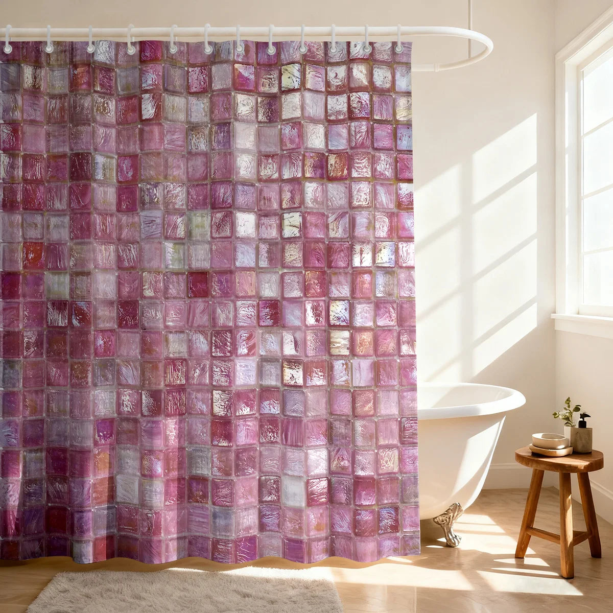 1pc pink ice block imitation simple printing waterproof partition privacy hanging curtain with 12 hooks, multiple sizes