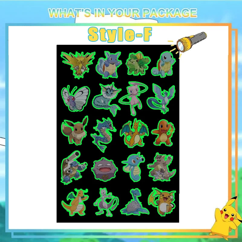 Pokemon Luminous Tattoos for Kids Pikachu Styles Temporary Tattoos Stickers Boys Girls Glow Party Supplies Gifts for Children