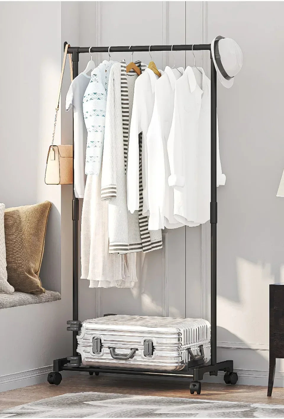 Standing Clothes Hanger Movable Simple Clothing Shelf Bedroom Storage Rack Assembled Closet Organizer Double Rod Coat Rack Floor