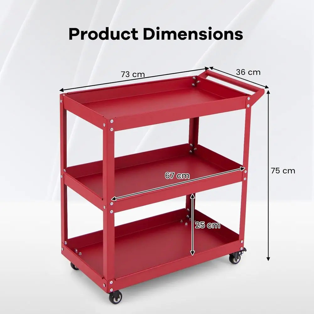Sturdy 3-Tier Metal Tool Cart with Lockable Wheels, Red - Ideal for Workshop, Garage, Kitchen Storage