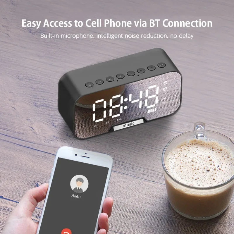 Bluetooth Speaker with LED Mirror Screen Digital Dual Alarm Clock with FM Radio Phone Holder Temperature For Bedroom Office