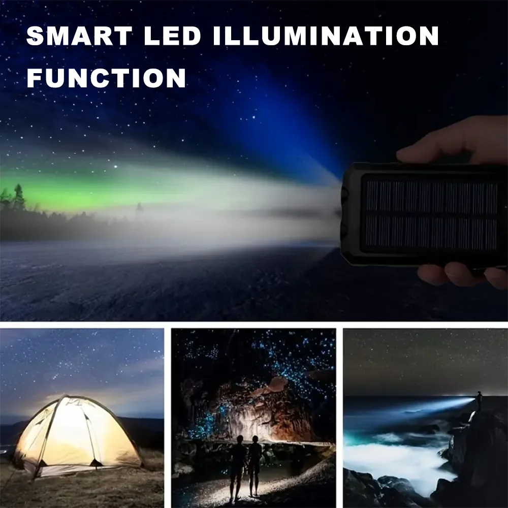20000mAh Portable Solar Power Bank Built in 4 Cables External Battery Pack  Mini Powerbank  with LED Light for Cell Phones