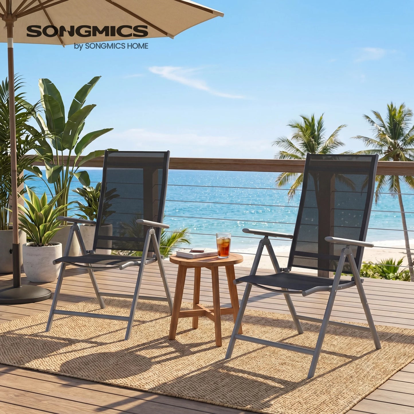 SONGMICS Set of 2 Folding Garden Chairs, Outdoor Chairs with Metal Frame, 8-Angle Reclining Backrest, Max. Capacity 150 kg per Chair