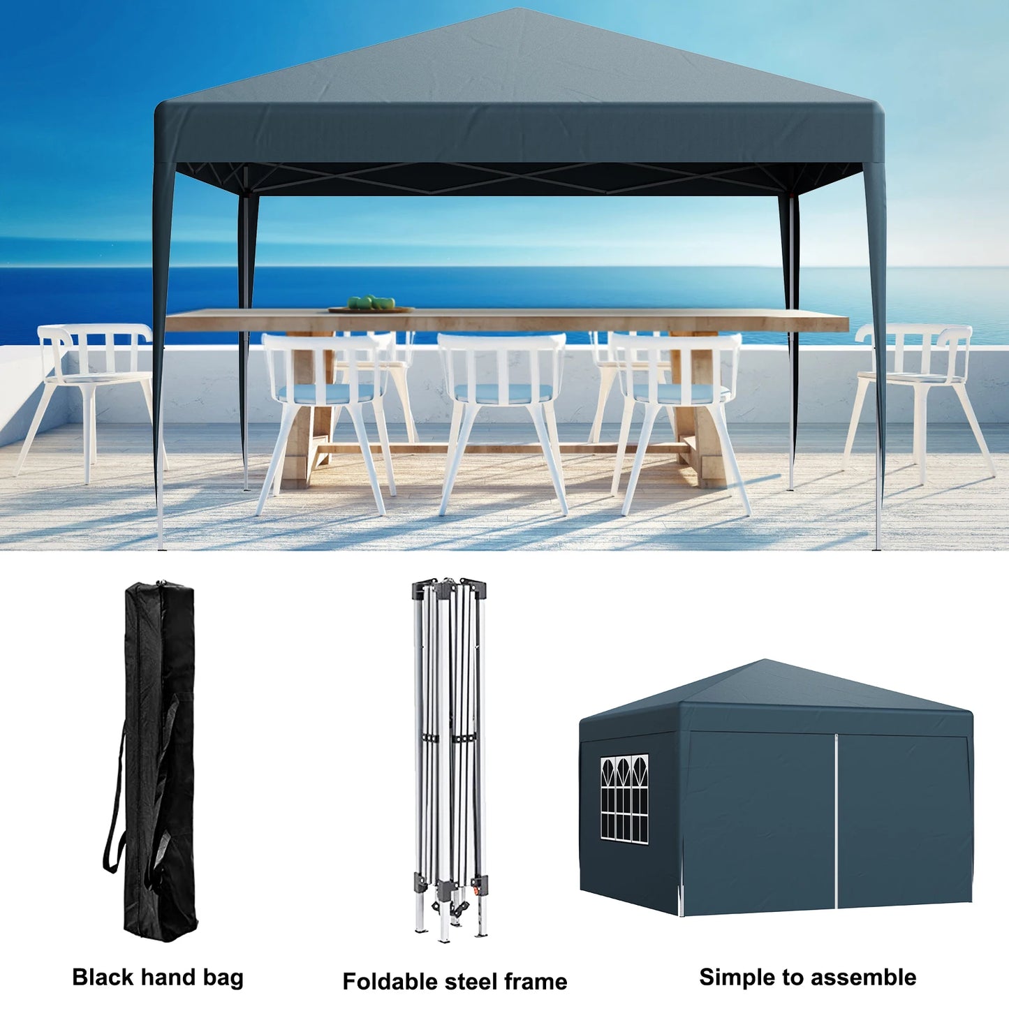 LOEFME 3x3M Pop Up Gazebo Waterproof Windproof Portable Outdoor Canopy Sun Shelter Removable 4 Sides Cloths Garden Camping Tent