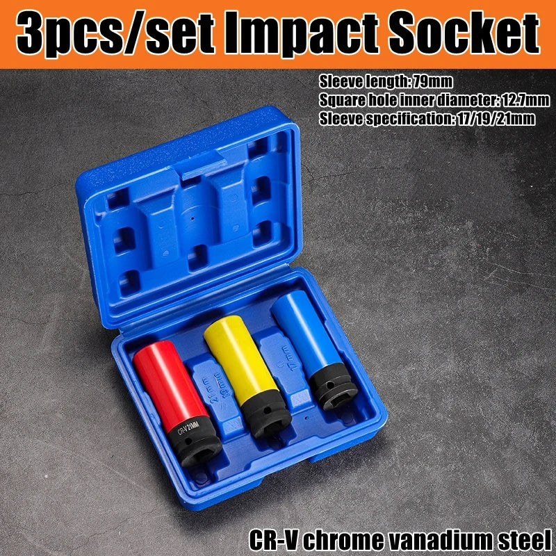 1/2" Drive Lug Nut Socket Set Drive Wheel Socket Auto Repair Protector Impact Sleeve Set 15mm, 17mm, 19mm, 21mm, and 22mm