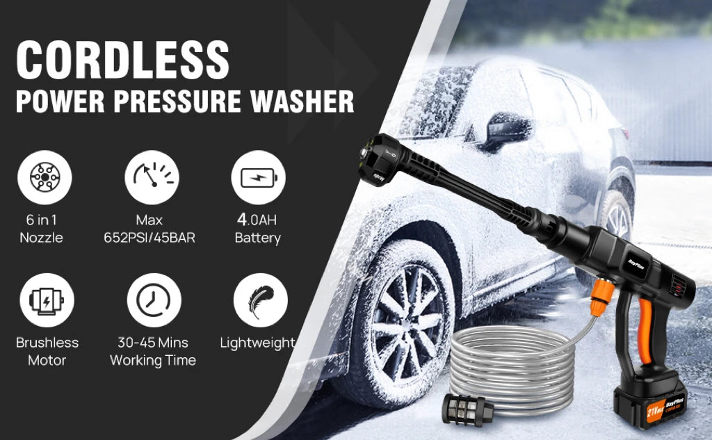 Cordless Pressure Washer, Portable Power Washer with  4.0Ah Battery 6-in-1 Nozzle, Handheld Brushless High-Pressure Car Washer