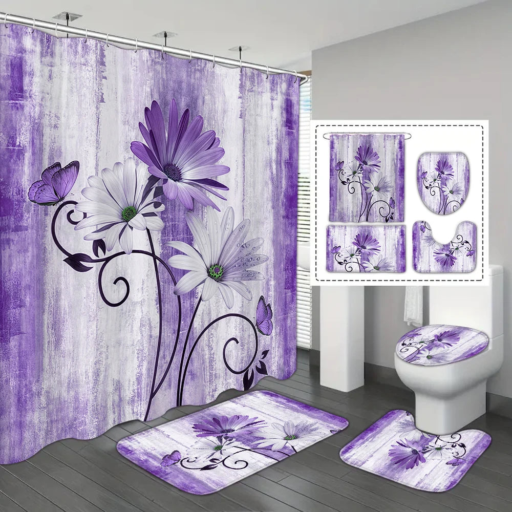 4-piece set of blue white jade orchid waterproof printed shower curtains with 12 hooks, bathroom floor mats