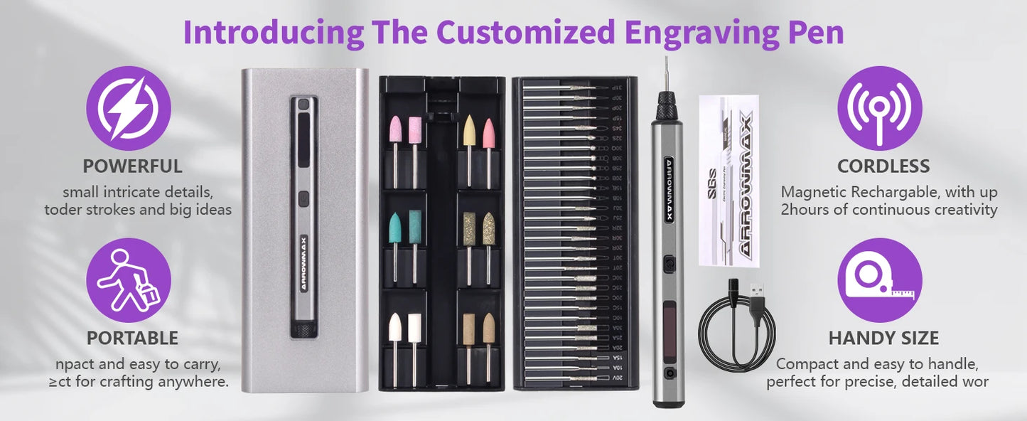 ARROWMAX SGS Engraving Pen Cordless Rotary Tool Kit Electric Mini Grinder with 42 Bits for Crafts Metal Wood Glass Carving