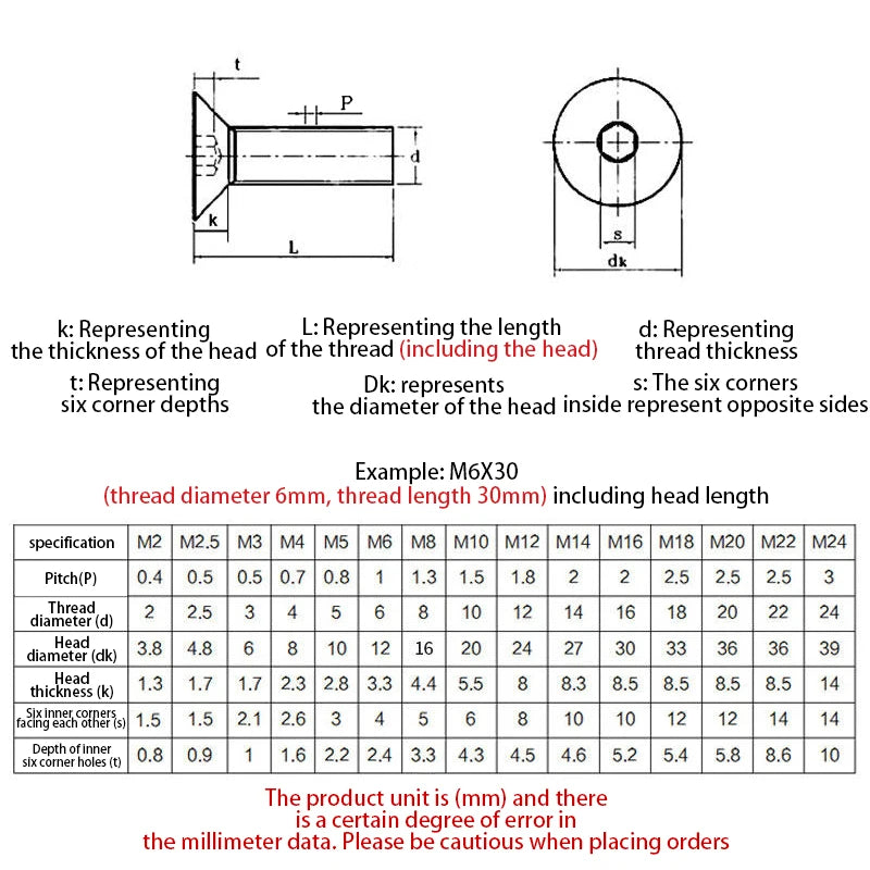 316 Stainless Steel Hexagon Socket Countersunk Head Screw A4-70 DIN7991 M3 M4 M5 M6 M8 M10 Allen Bolt Fastener