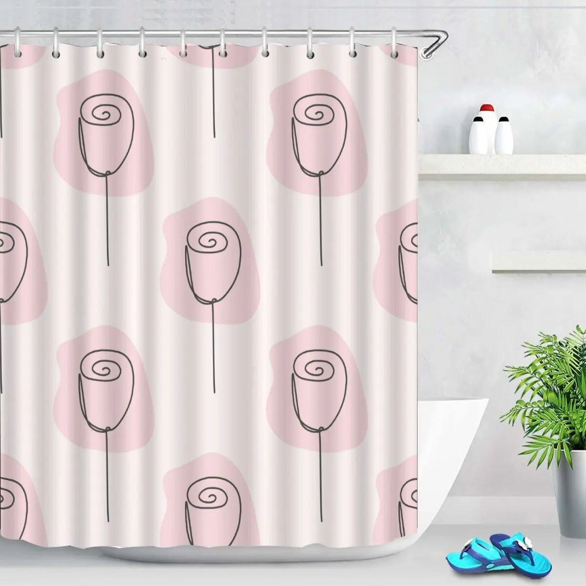 Pink Tulip Bathroom Curtain Flower Plant Shower Curtain Bathroom Polyester Waterproof Decorative Curtain with Hooks