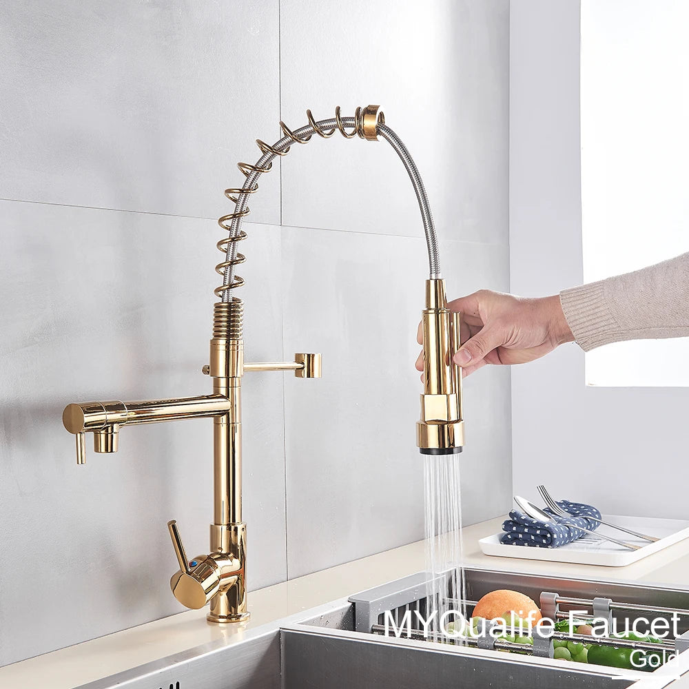 Black Pull Down Brass Kitchen Sink Faucet Hot Cold Water Mixer Crane Tap with Dual Spout 360 Rotation High Faucet Deck Mounted