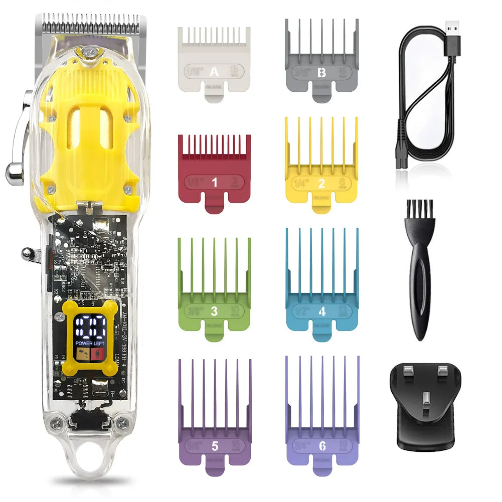 Hatteker Transparent Professional Hair Clipper USB Rechargeable Trimmer with LED Display Cordless Cutting Grooming Tool for Men