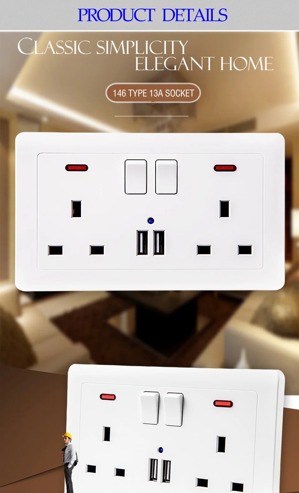 UK Standard 13A Switched Wall Socket with Dual USB Charger Ports LED Indicator Standard Size Easy Fit Wall Mounted USB Power