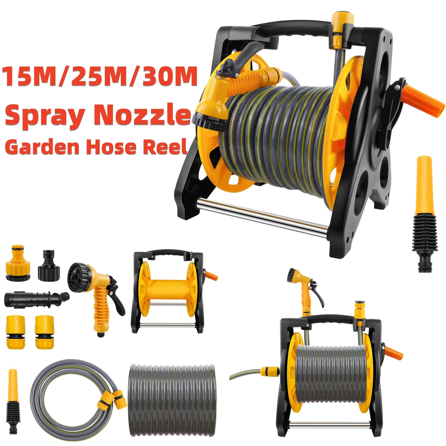 Garden Hose Reel with 15M/25M/30M Water Hose and 7-Function Spray Nozzle, Heavy Duty Portable Hose Reel, Wall Mountable/Portable,Save Space, Multi-Purpose Hosepipe for Watering Garden, Flowers, Cars